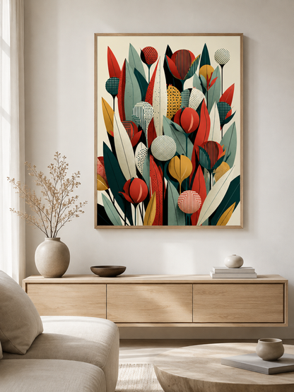 Mid Century Botánico Póster - Wall Art Decor - detail view - teal botanical wall art, red botanical poster