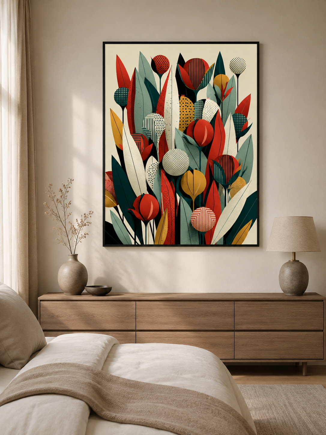 Mid Century Botánico Póster - Wall Art Decor - lifestyle shot - teal botanical wall art, red botanical poster