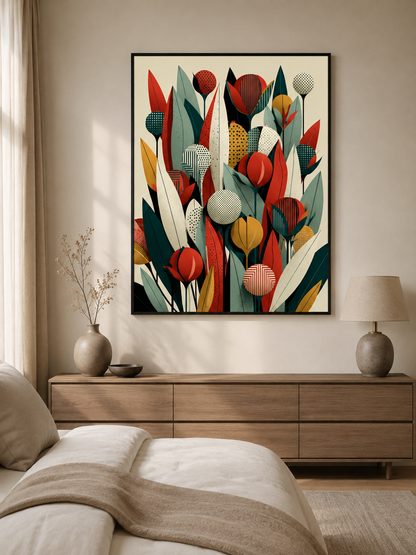 Mid Century Botánico Póster - Wall Art Decor - lifestyle shot - teal botanical wall art, red botanical poster