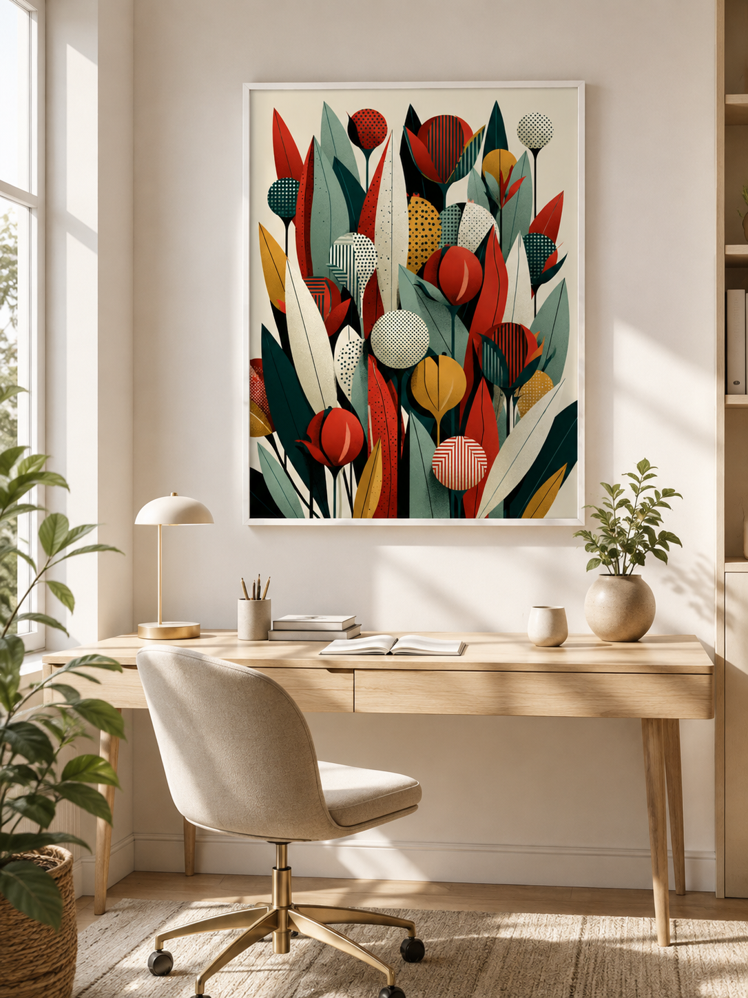 Mid Century Botánico Póster - Wall Art Decor - close-up - teal botanical wall art, red botanical poster