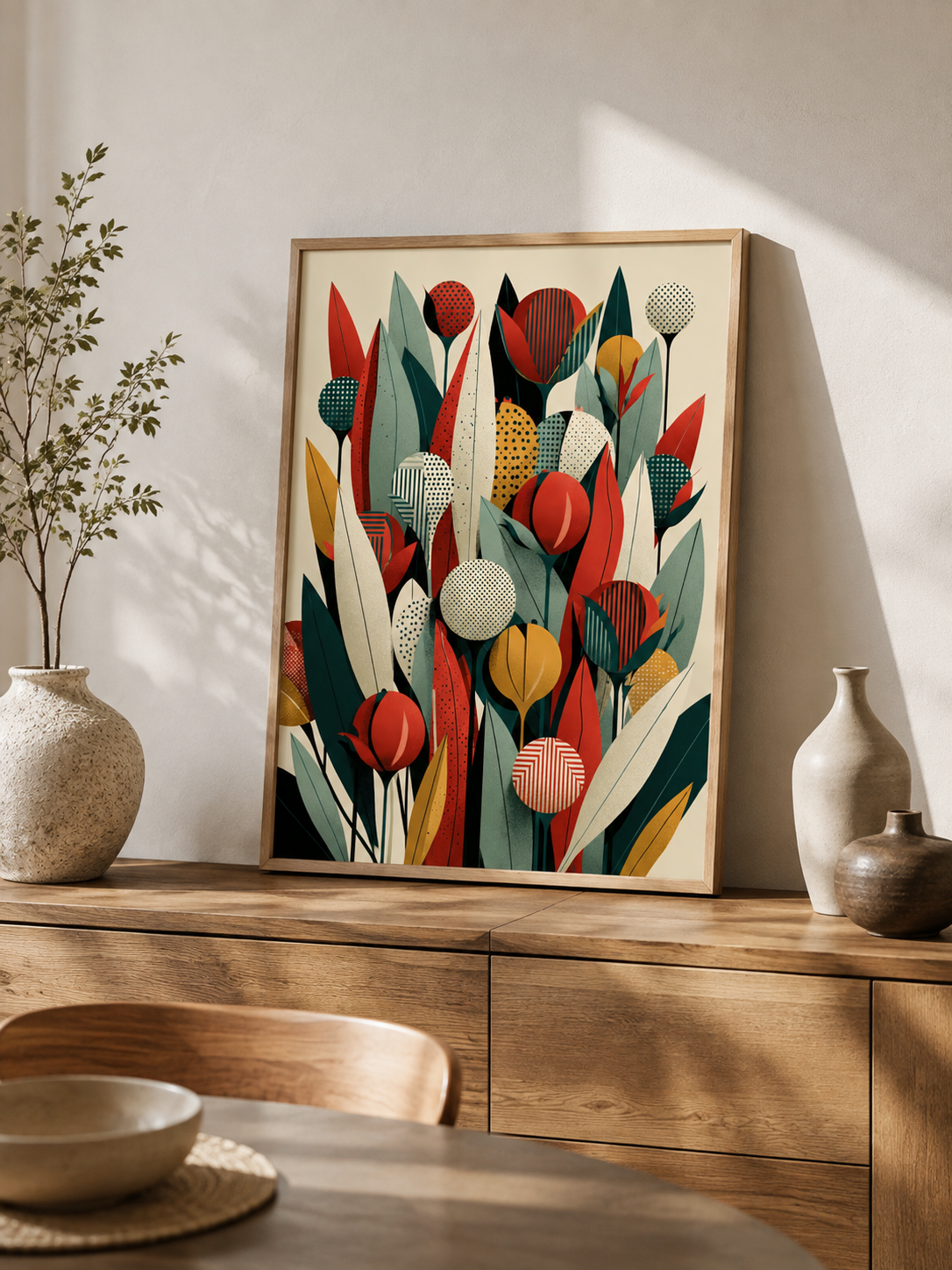 Mid Century Botánico Póster - Wall Art Decor - alternate angle - teal botanical wall art, red botanical poster