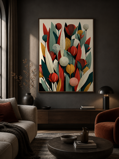 Mid Century Botánico Póster - Wall Art Decor - packaging - teal botanical wall art, red botanical poster