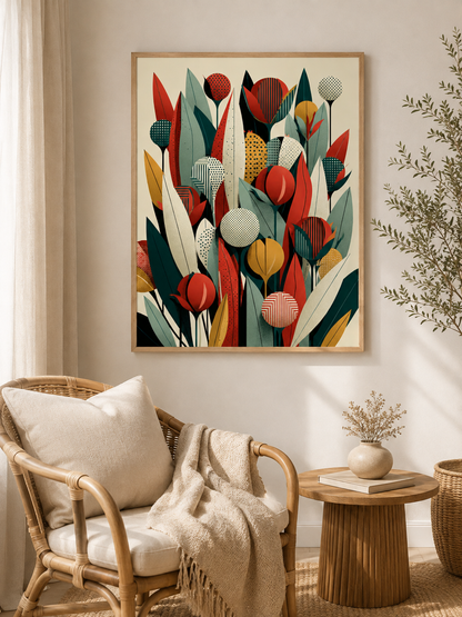 Mid Century Botánico Póster - Wall Art Decor - front view - teal botanical wall art, red botanical poster