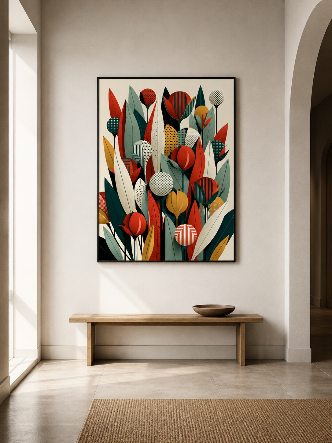 Mid Century Botánico Póster - Wall Art Decor - detail view - teal botanical wall art, red botanical poster