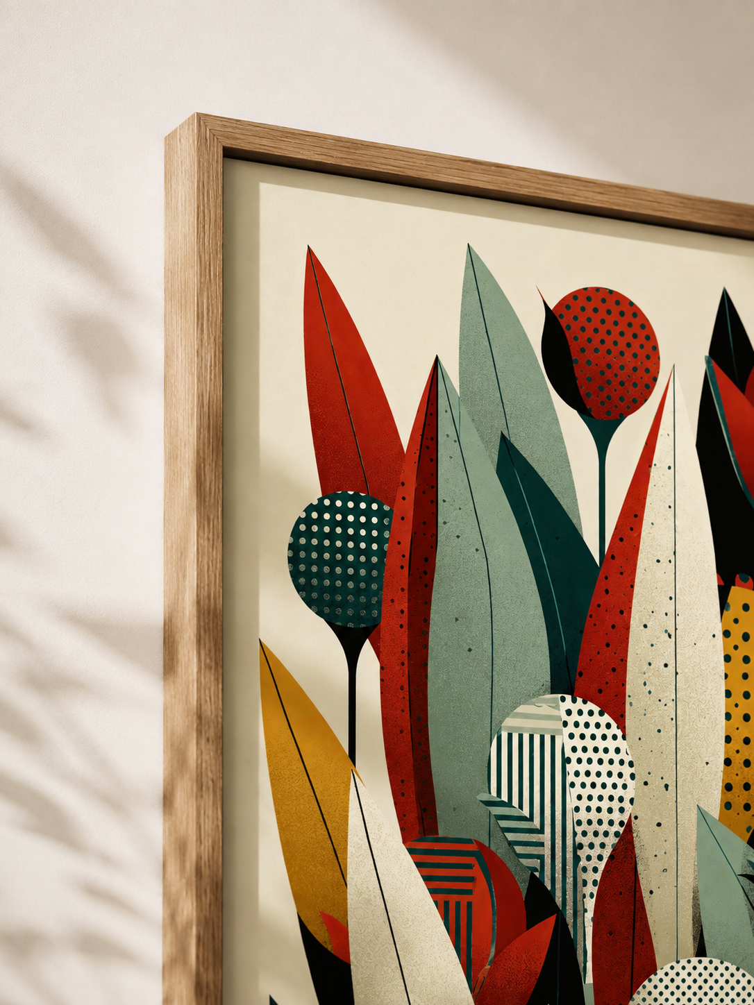 Mid Century Botánico Póster - Wall Art Decor - lifestyle shot - teal botanical wall art, red botanical poster