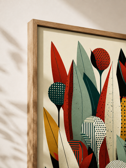 Mid Century Botánico Póster - Wall Art Decor - lifestyle shot - teal botanical wall art, red botanical poster