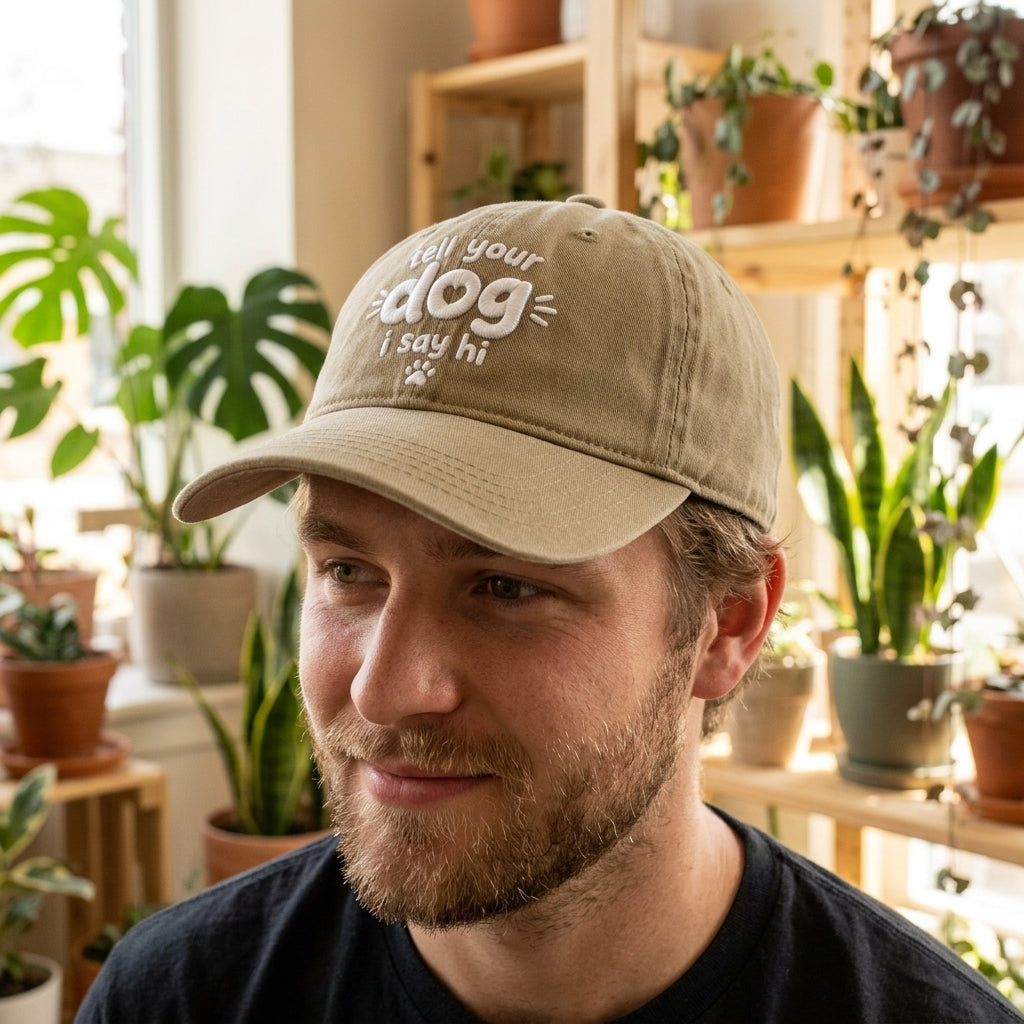 Man wearing a cap with text in a room with plants
