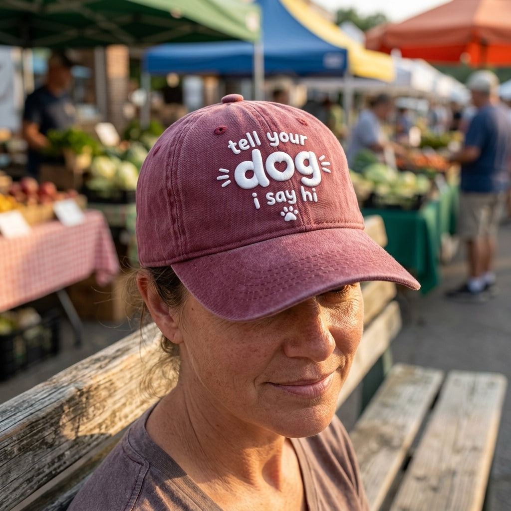 Person wearing a maroon cap with text at an outdoor market
