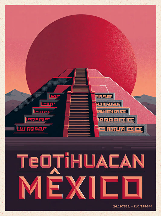 Póster Retro de Teotihuacán, México - Wall Art Decor - front view - teotihuacan mexico poster, mexico travel wall art