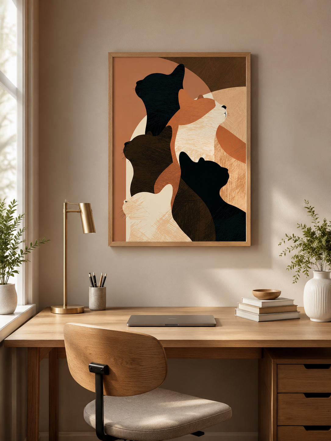 Terracotta Cat Wall Art - Wall Art Decor - close-up - terracotta cat wall art, abstract cat poster