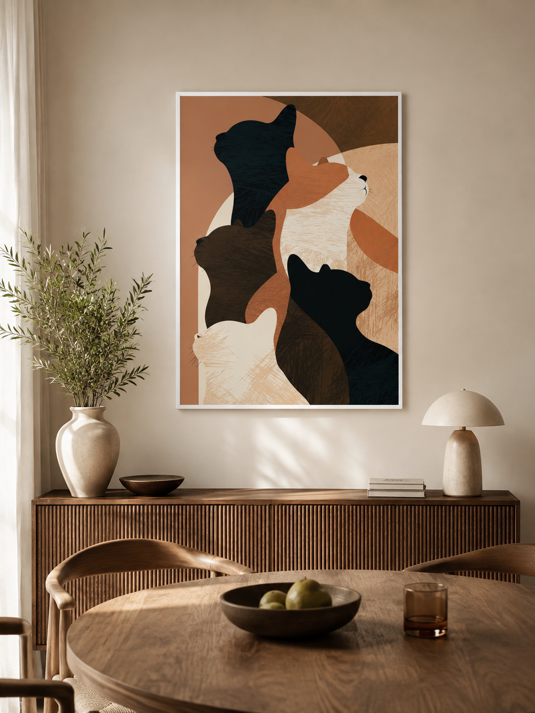 Terracotta Cat Wall Art - Wall Art Decor - detail view - terracotta cat wall art, abstract cat poster