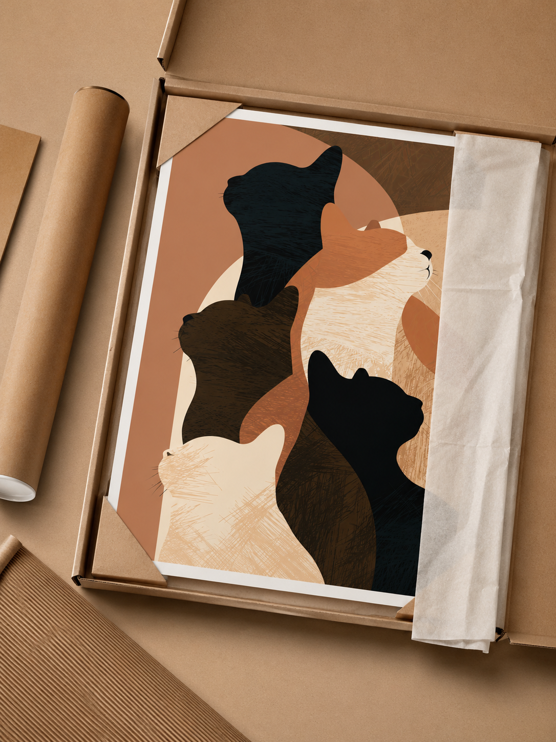 Terracotta Cat Wall Art - Wall Art Decor - front view - terracotta cat wall art, abstract cat poster
