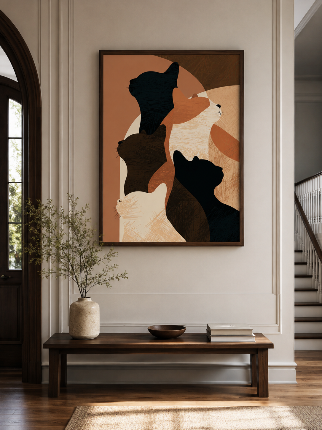 Terracotta Cat Wall Art - Wall Art Decor - detail view - terracotta cat wall art, abstract cat poster