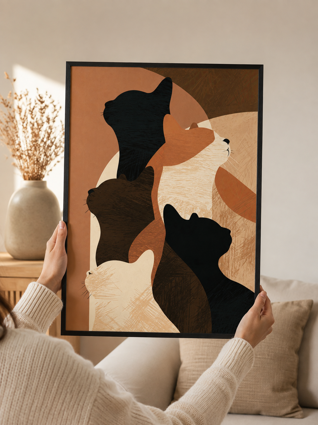 Terracotta Cat Wall Art - Wall Art Decor - lifestyle shot - terracotta cat wall art, abstract cat poster