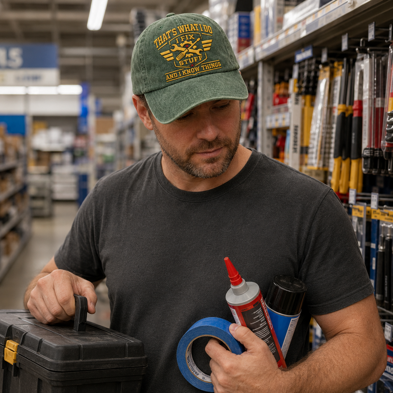 Army green washed baseball cap with embroidered mechanic quotes worn by a man holding tools.