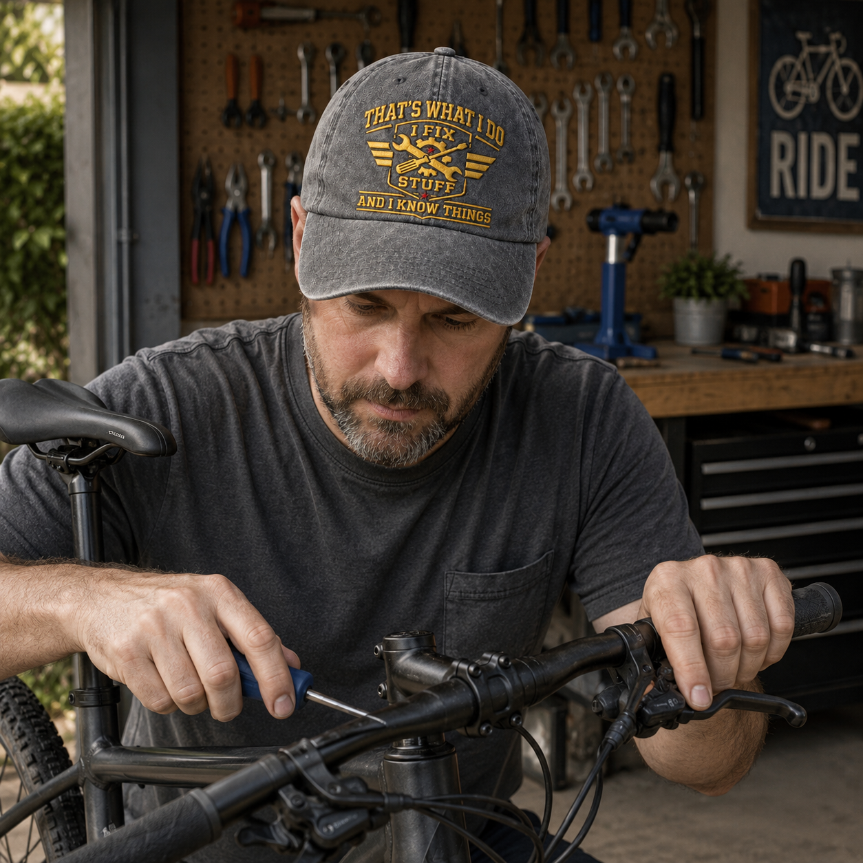 Grey washed baseball cap with yellow embroidered handyman design worn by a man repairing a bicycle.