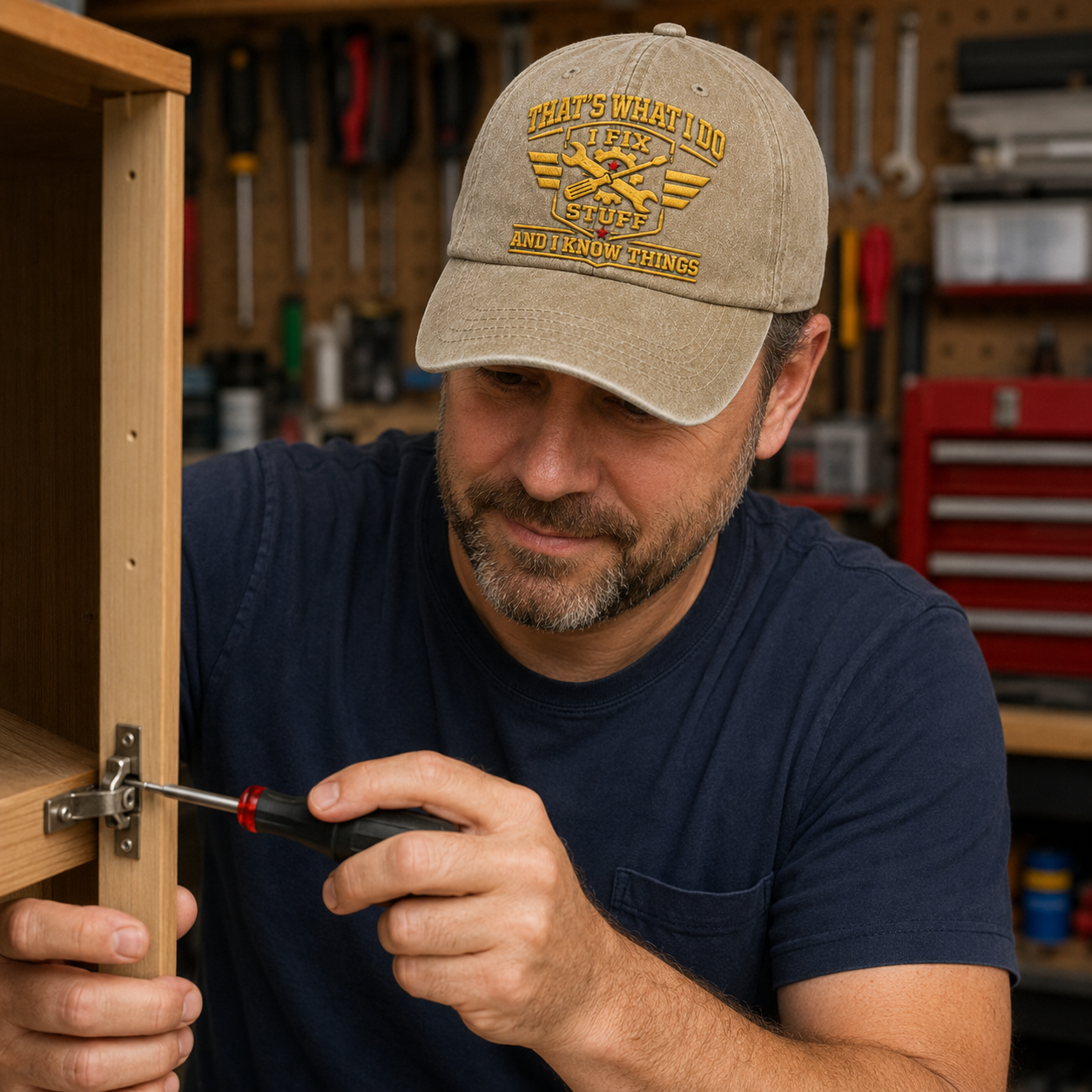 Sand washed cotton baseball cap with embroidered handyman quote text worn by a man fixing a cabinet.
