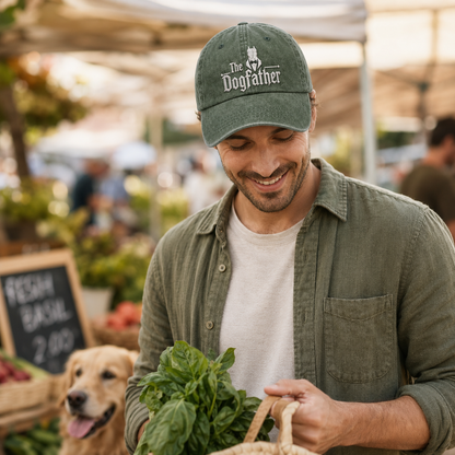 Army green washed baseball cap with embroidered The Dogfather text worn by a man at a market.