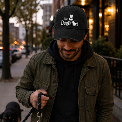 Black washed cotton baseball cap with white embroidered The Dogfather text worn by a man walking a dog.