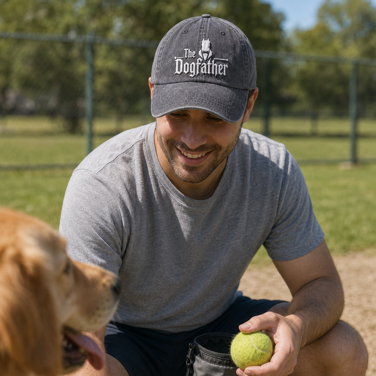 Grey washed baseball cap with white embroidered The Dogfather design worn by a man at a dog park.