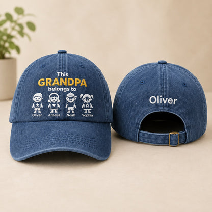 Blue cap with text and character illustrations on a beige background