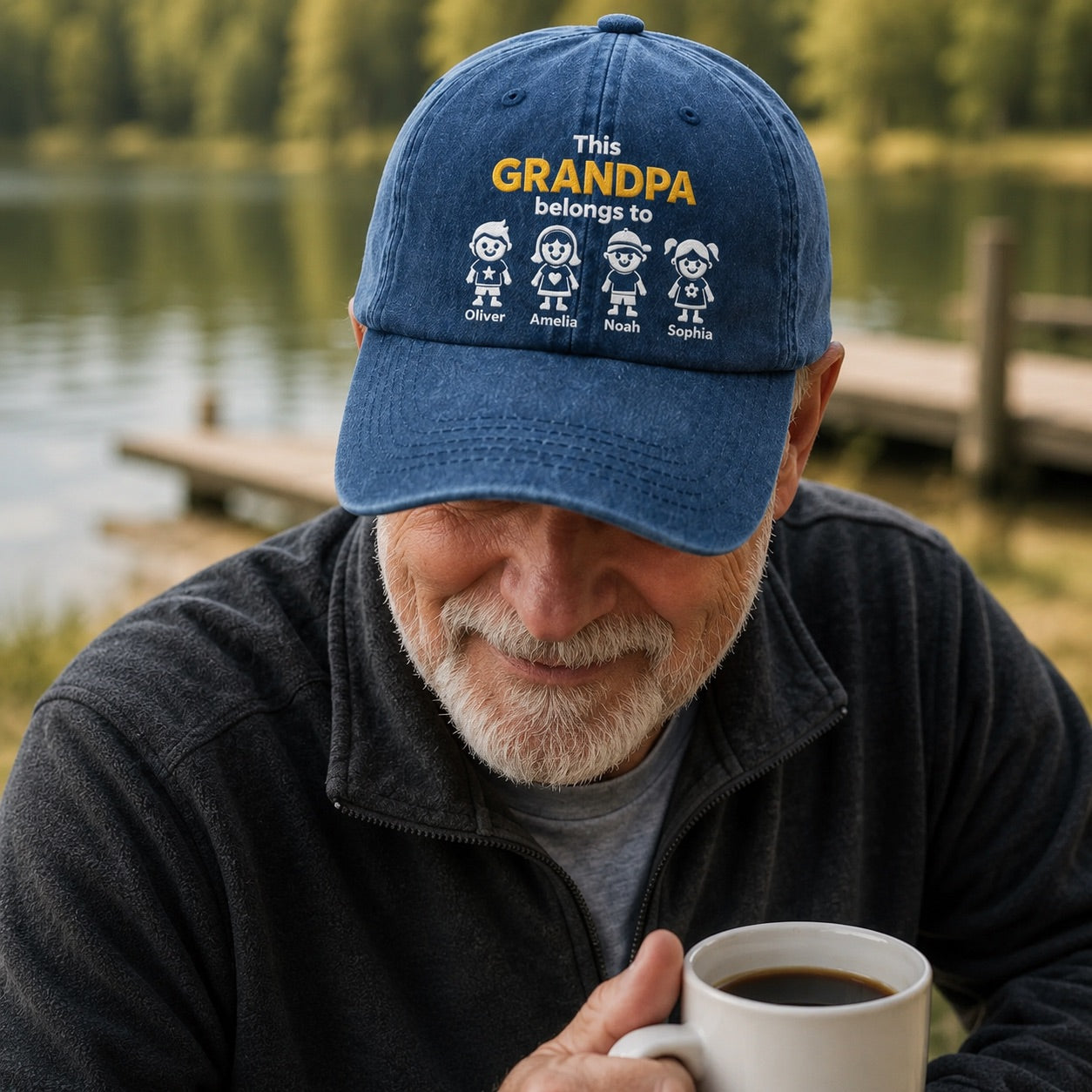 Man wearing a blue cap with 'This GRANDPA belongs to' text by a lake