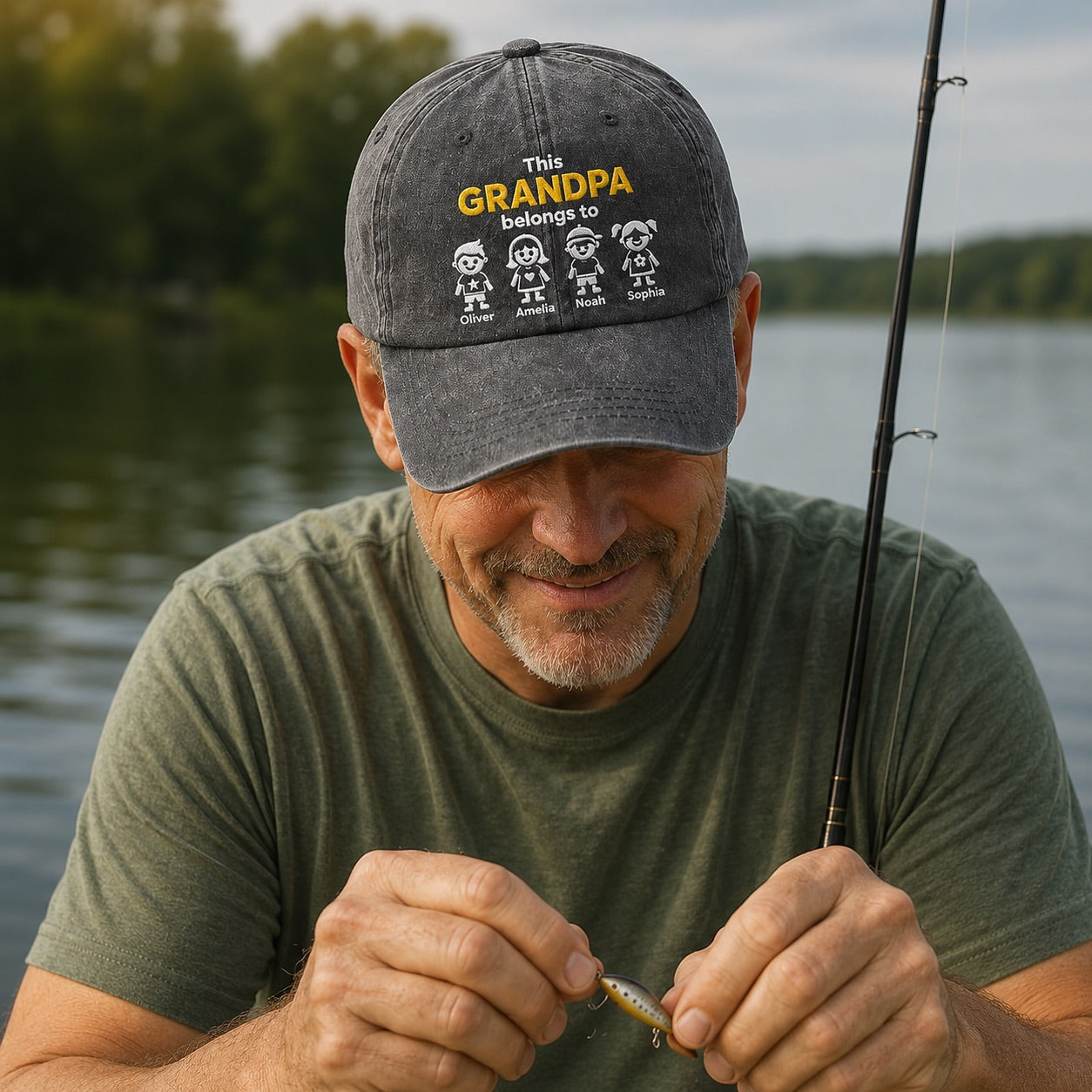 Man fishing by a lake wearing a cap with text and graphics.