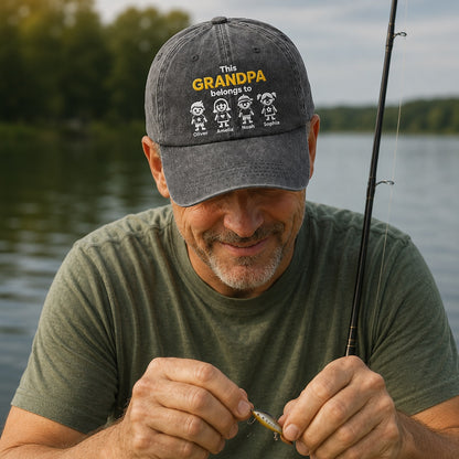 Man fishing by a lake wearing a cap with text and graphics.