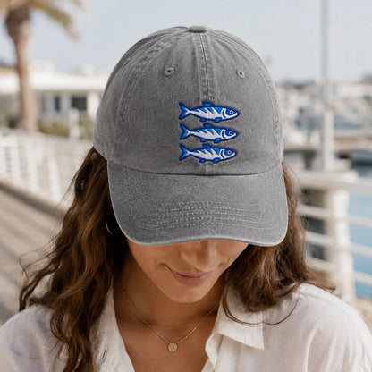 Three Blue Sardines Washed Cap - washed cap - close up