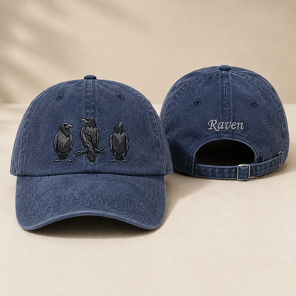 Three Raven Embroidered Washed Cap - Washed Cap - front view
