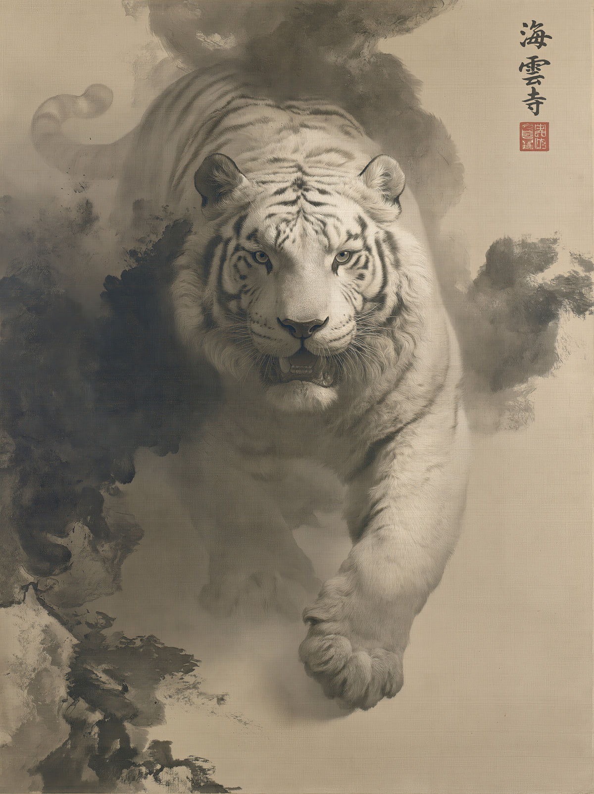 Tiger Through Ink Clouds Poster - Wall Art Decor - front view - canvas print, framed wall art