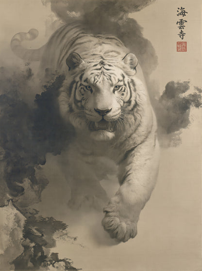 Tiger Through Ink Clouds Poster - Wall Art Decor - front view - canvas print, framed wall art