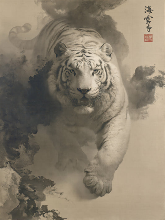 Tiger Through Ink Clouds Poster - Wall Art Decor - front view - canvas print, framed wall art