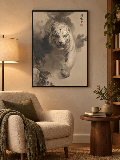 Tiger Through Ink Clouds Poster - Wall Art Decor - front view - canvas print, framed wall art