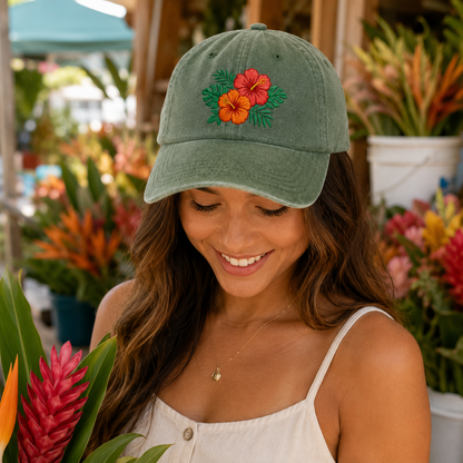 Tropical Hibiscus Embroidered Washed Cap - Washed Cap - detail