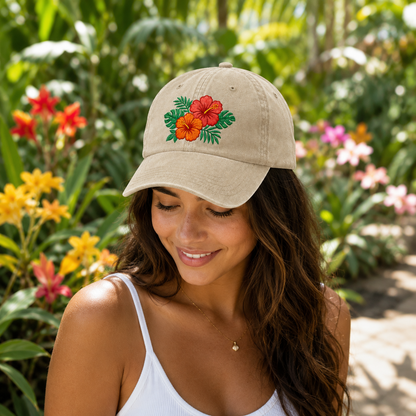 Tropical Hibiscus Embroidered Washed Cap - Washed Cap - lifestyle