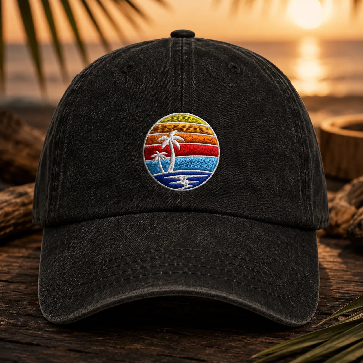 Tropical Sunset Palm Tree Washed Cap - washed cap - front view