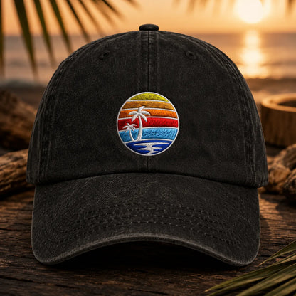Tropical Sunset Palm Tree Washed Cap - washed cap - front view