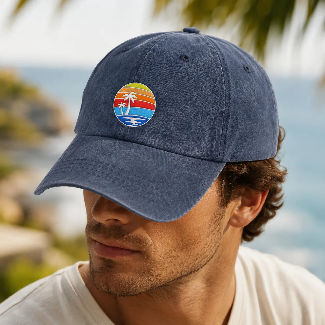 Tropical Sunset Palm Tree Washed Cap - washed cap - side view