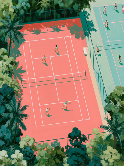 Tropical Tennis Courts Wall Art - Wall Art Decor - front view - tennis court wall art, coral tennis wall decor
