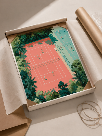 Tropical Tennis Courts Wall Art - Wall Art Decor - close-up - tennis court wall art, coral tennis wall decor