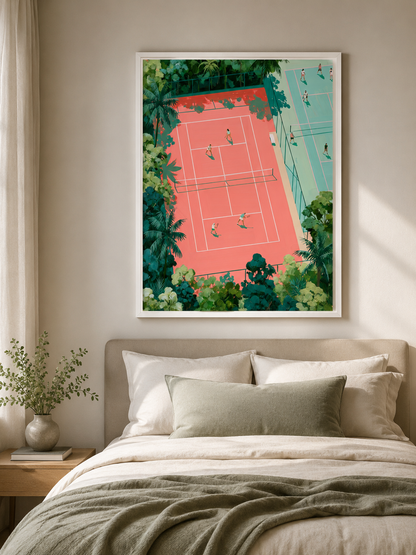 Tropical Tennis Courts Wall Art - Wall Art Decor - lifestyle shot - tennis court wall art, coral tennis wall decor