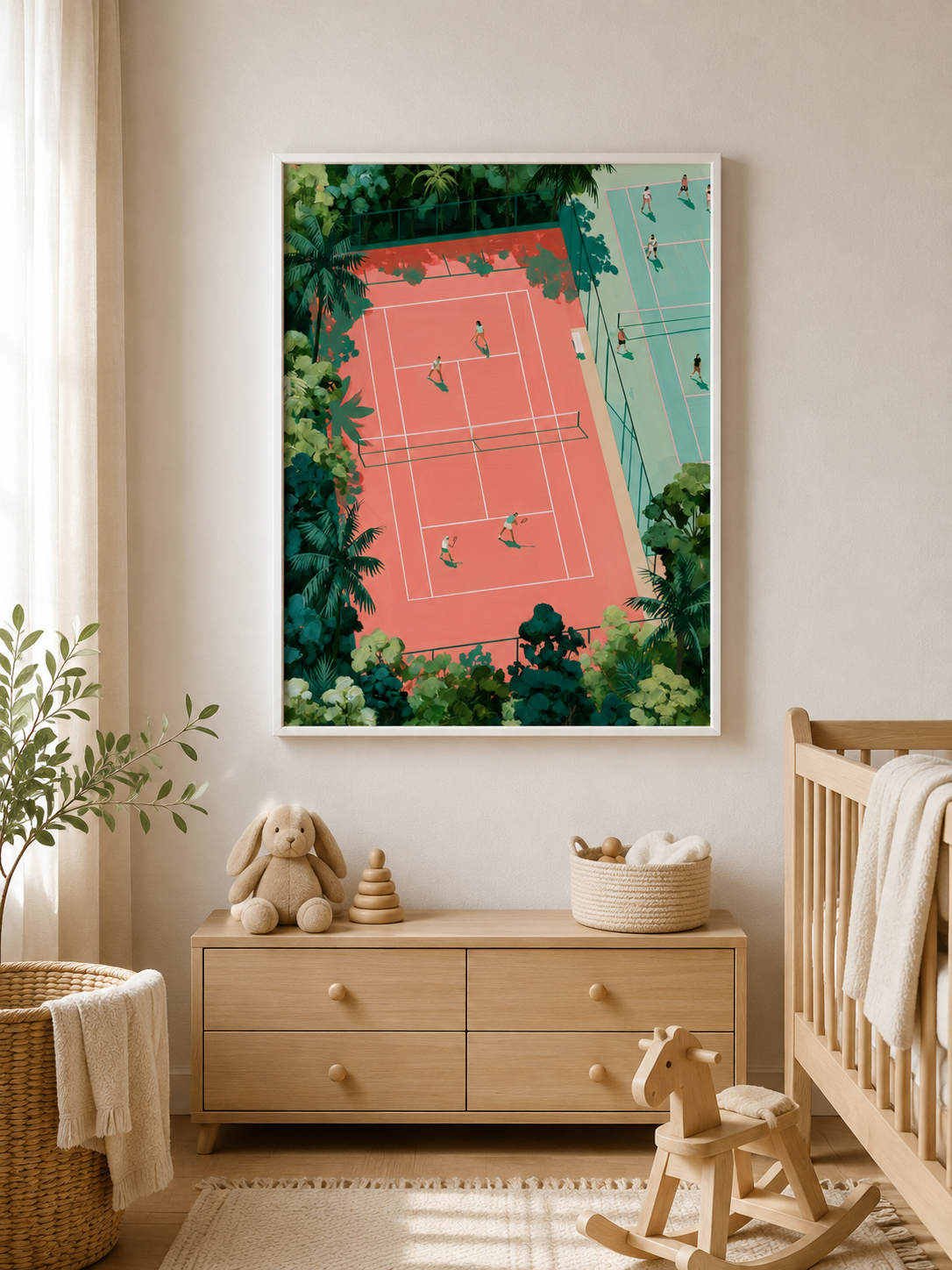 Tropical Tennis Courts Wall Art - Wall Art Decor - front view - tennis court wall art, coral tennis wall decor