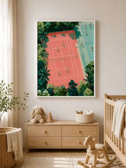 Tropical Tennis Courts Wall Art - Wall Art Decor - front view - tennis court wall art, coral tennis wall decor