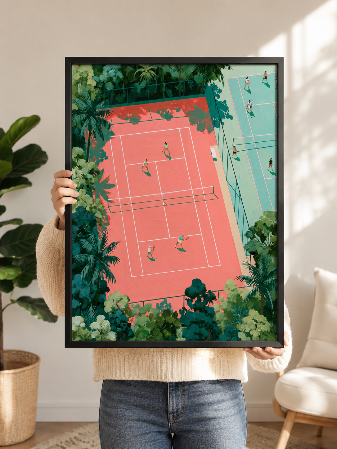Tropical Tennis Courts Wall Art - Wall Art Decor - detail view - tennis court wall art, coral tennis wall decor