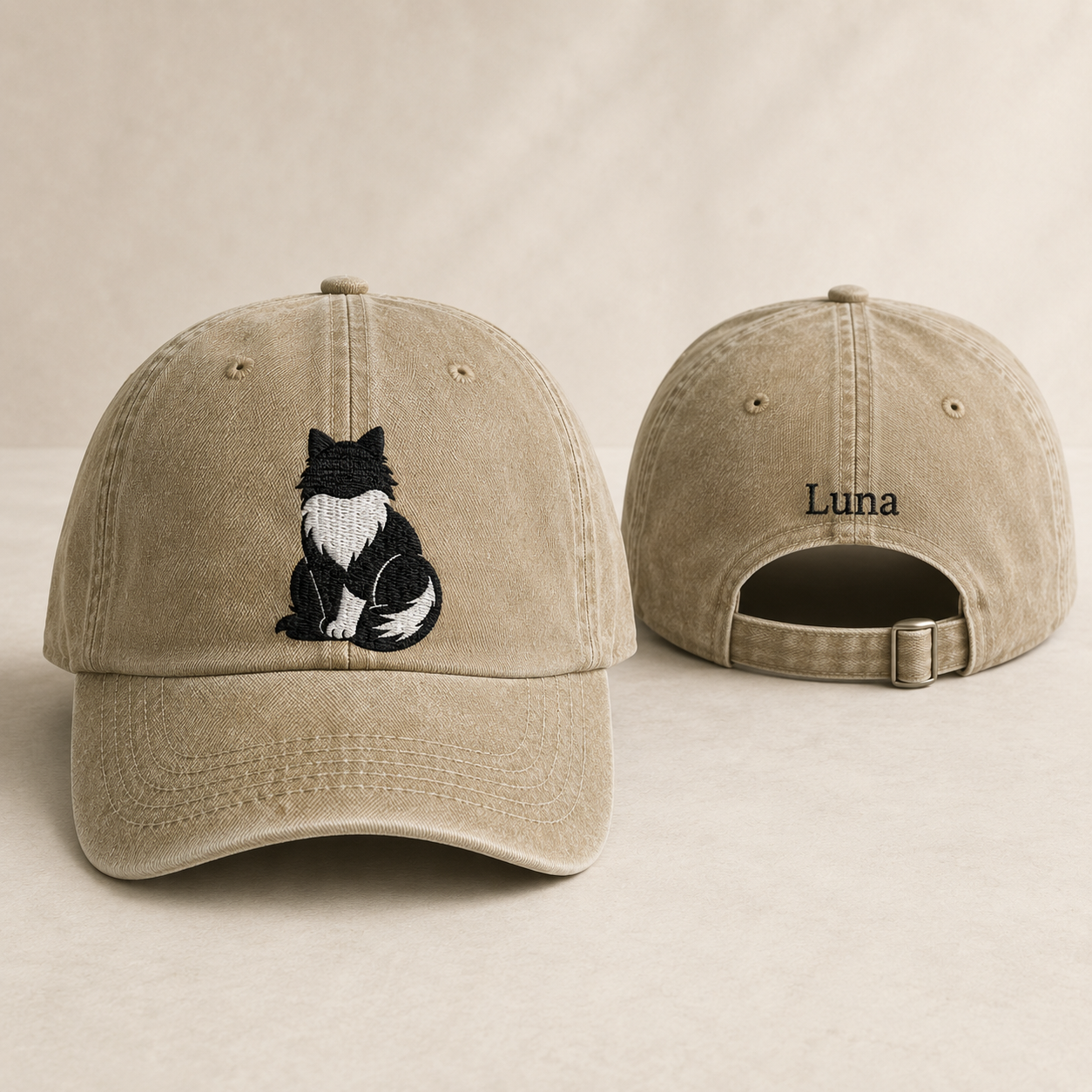 washed cotton cap with a black and white Tuxedo cat embroidery