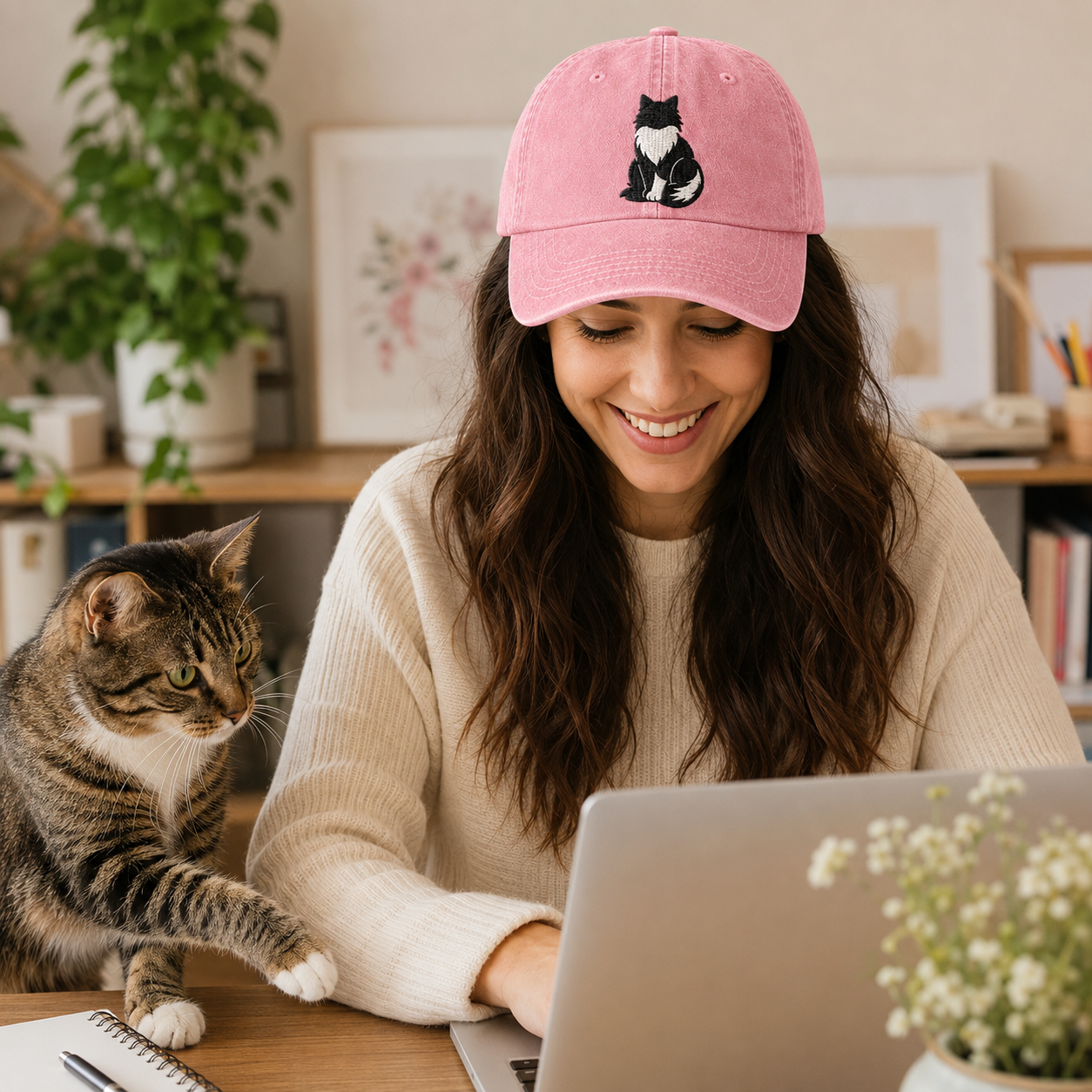 Woman in a cozy sweater wearing a tuxedo-cat-embroidered-washed-baseball-hat with cat