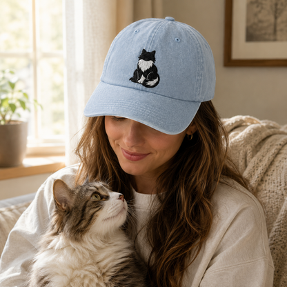 Close up of a girl wearing a light blue washed cotton baseball hat with an embroidered black and white cat