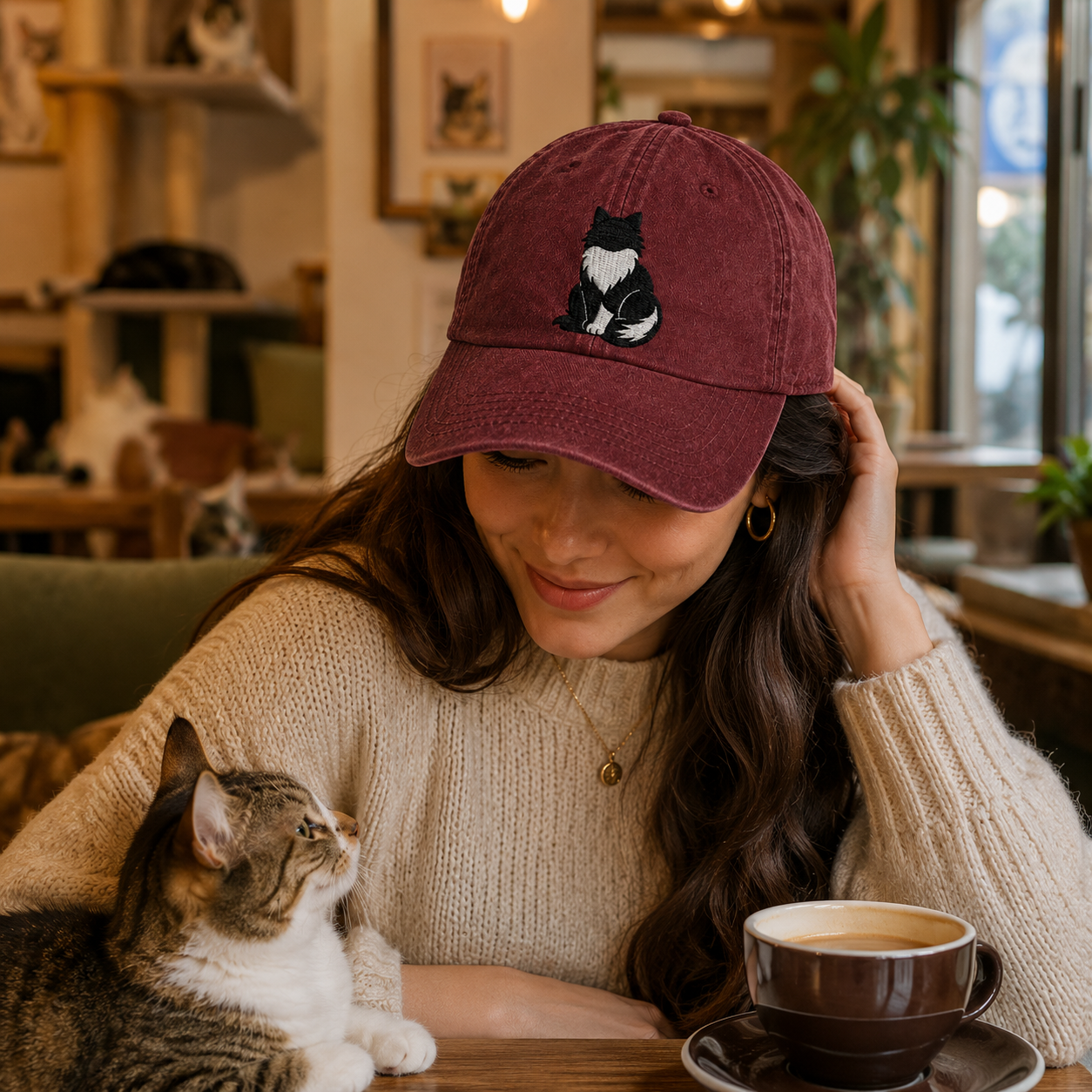 Woman in a cozy sweater wearing a burgundy washed cap with a stitched cat graphic