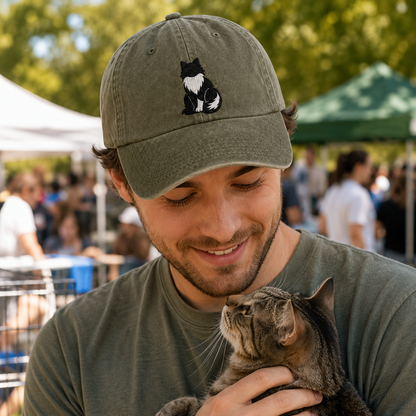 Man wearing an olive green washed cap with a detailed Tuxedo cat embroidery while holding a kitten